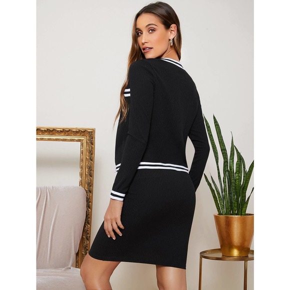 2 piece skirt set: Button Front Striped Trim blazer &  mini Skirt black white - Picture 2 of 5